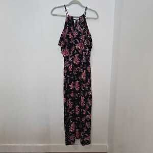 En Crème L Floral Ruffle Maxi Dress Navy Pink Rayon Boho Ruffle Cottage